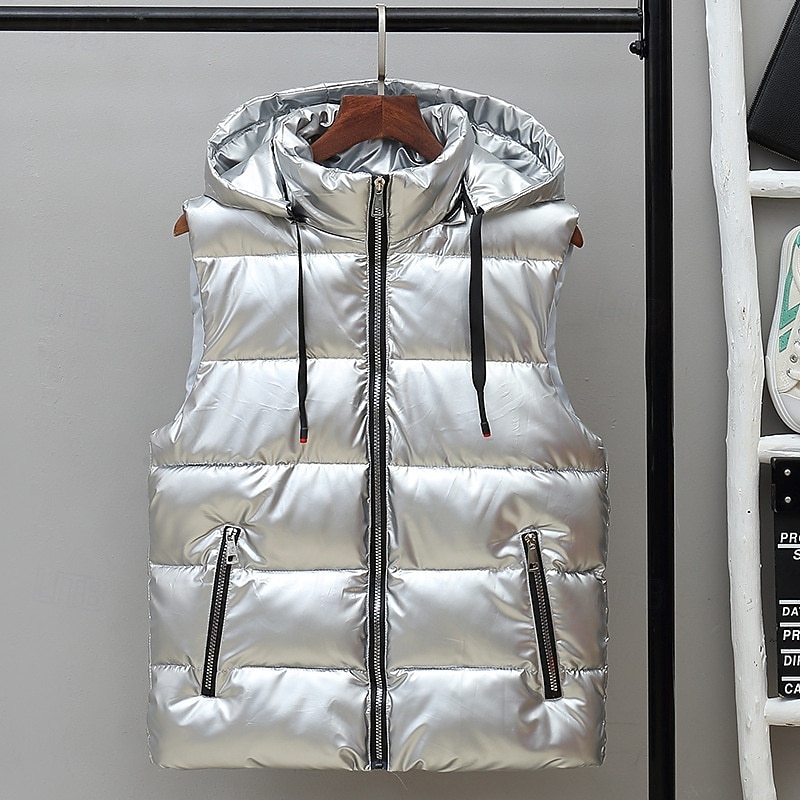 Pánské Puffer Vesta Kamizelka Vesta Dovolená Denní Rande Módní Na běžné nošení Podzim zima Kapsy Polyester Zahřívací Pohodlné Pevná barva Zip Kapuce Běžný Stříbrná Černá Rubínově červená Tmav 2025 - $33.99 –P1