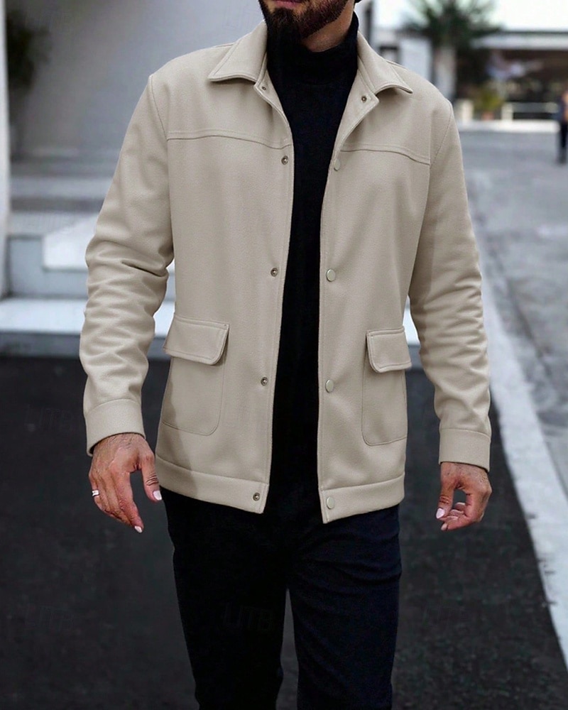 Herren Leichte Jacke Freizeitjacke Urlaub Täglich Atmungsaktiv Tasche Herbst Winter Einfach Mode Klassisch Revers Regulär Aprikose Schwarz Jacken 2025 - $32.99 –P2