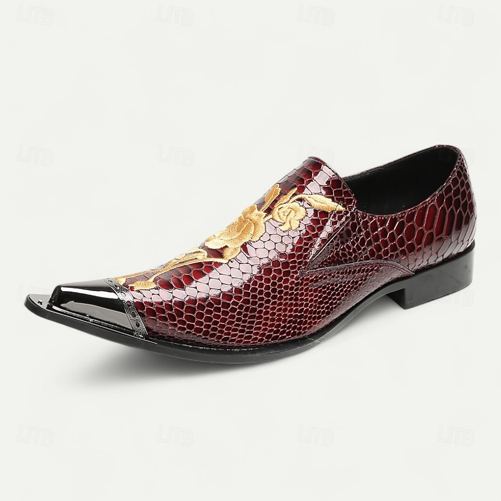Men's Burgundy Crocodile Pattern Leather Dress Shoes, Luxury Pointed Toe Loafers with Floral Embroidery for Weddings, Parties and Formal Occasions 2026 - AU $159.99 –P2