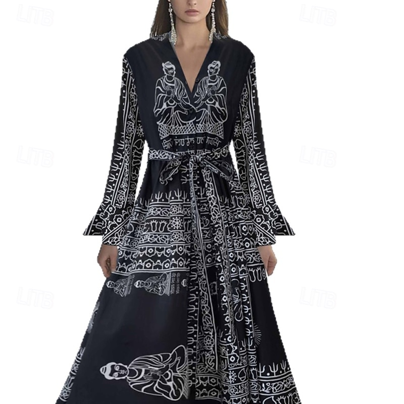 Femmes Robe Longue Maxi Robe Robe évasée Robe Imprimée Mode Moderne Extérieur Vacances Sortir Coupe régulière Fleur manche longue Col en V Noir Automne de 2025 ? $26.99 –P3