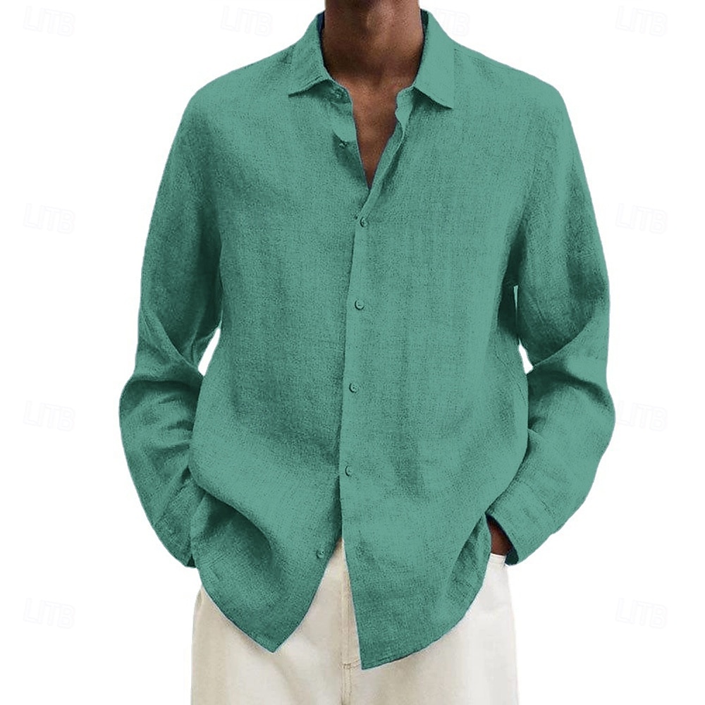 Camicia da uomo in cotone e lino, nera, rosa, blu navy, manica lunga, tinta unita, stile turndown, abbigliamento da vacanza, abbigliamento in poliestere, moda casual del 2025 a $19.49 –P3