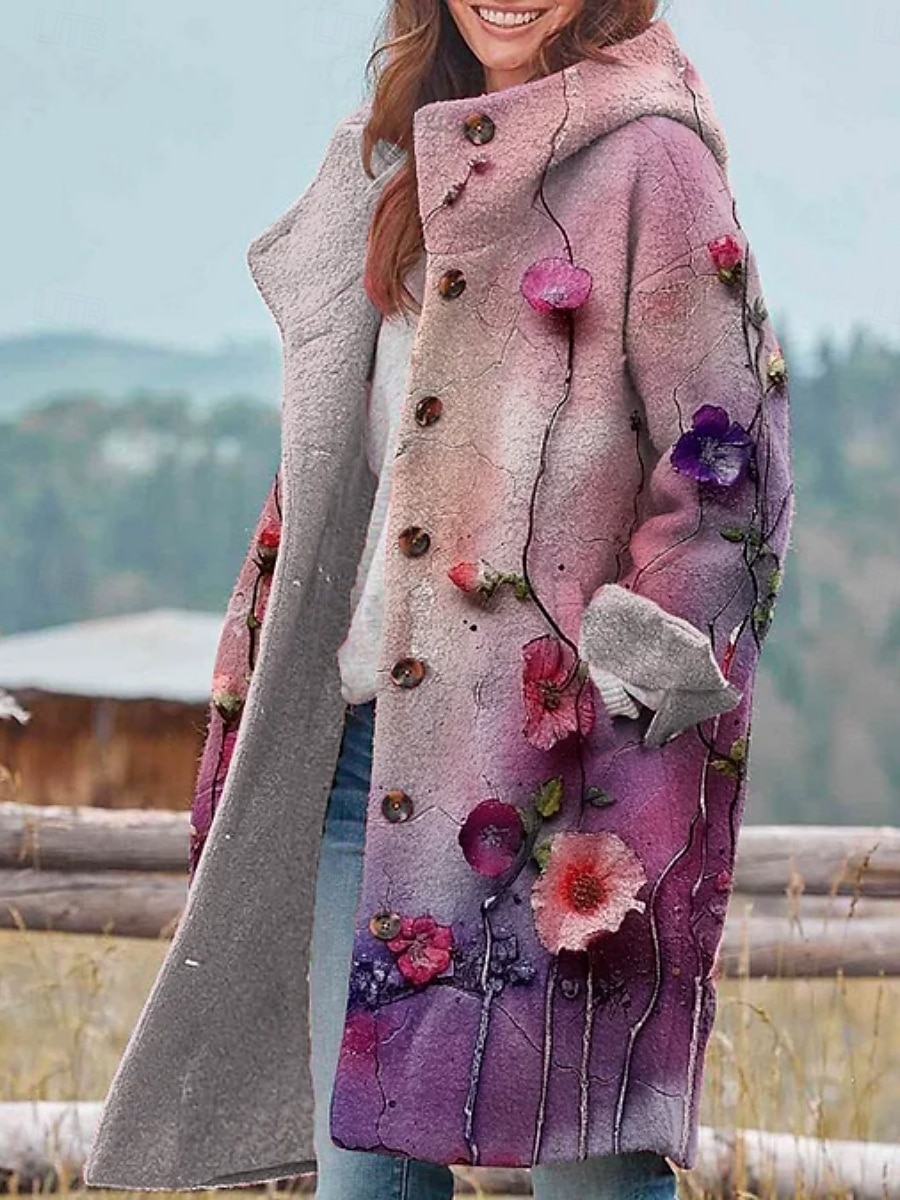 Dame Vinterjakke Fleece-jakke Frakk Hold Varm Pustende Lomme Knapper Trykt mønster Aktiv Daglig Fritid Blomstret Feriereise Gate Daglig Enkeltkneppet Lang Hettegenser Normal Langermet Yttertøy Gul 2025 - $46.99 –P6