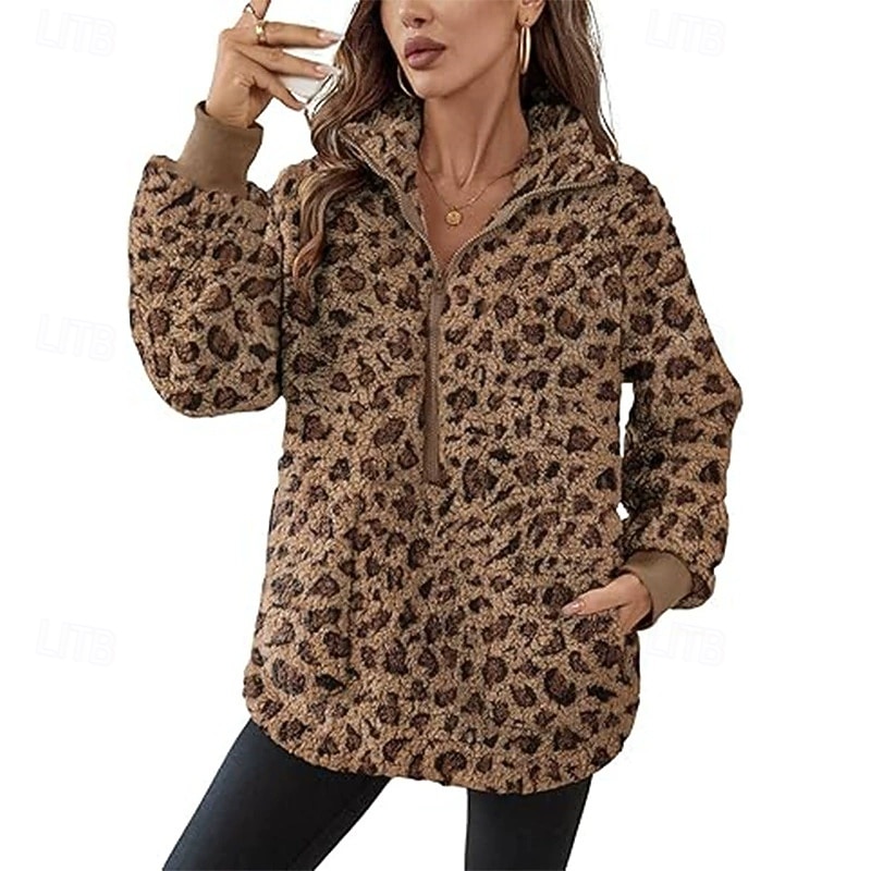 Women's Trench Coat Warm Comfortable Zipper Pocket Fashion Outdoor Leopard Going out Weekend Zipper Regular Lapel Regular Fit Long Sleeve Outerwear Yellow Apricot Coffee Fall Winter 2025 - $26.99 –P7
