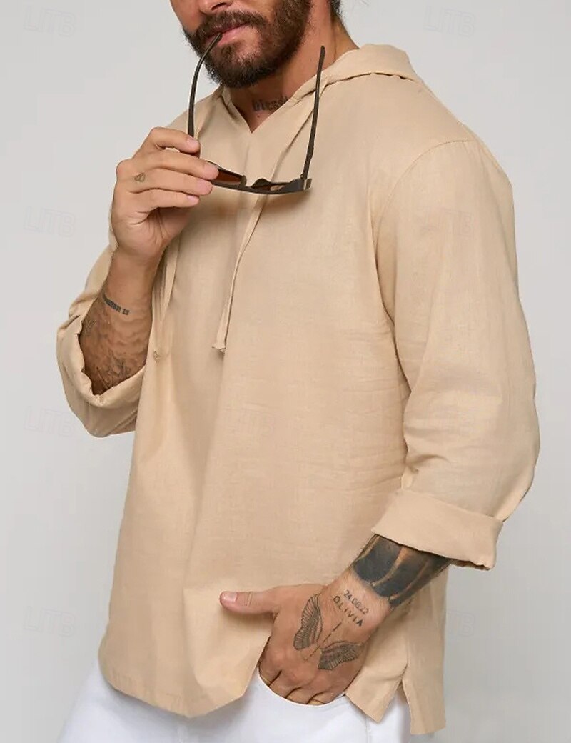 Per uomo Camicia Camicia di lino Camicia popover Camicia Estiva Abbigliamento da spiaggia Camicia con cappuccio Tinta unica Vacanza Streetwear Bianco Verde chiaro Blu Verde Manica Lunga Con Cappuccio del 2025 a $23.99 –P7