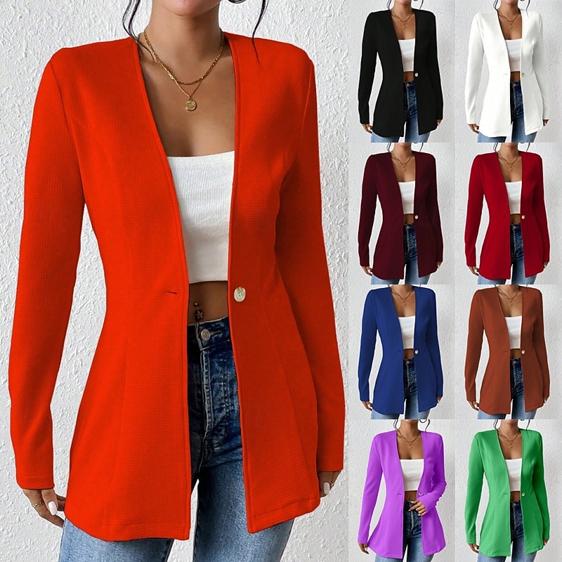 Dame Blazer Bekvem Pustende Knapper OL-stil Fritid عادي Kontor Gate Avslappet Dagligdagstøy Enkeltkneppet Normal V-hals Normal Langermet Yttertøy Svart Hvit Rød Vår Høst 2025 - $34.99 –P1