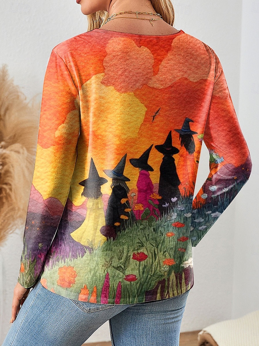 Halloween Femmes T-shirt Graphique Sorcière ancien Mode Élégant manche longue Col ras du cou Hauts Réguliers Quotidien Imprimé Jaune Bleu Orange Vert Automne Hiver de 2025 ? $22.99 –P2