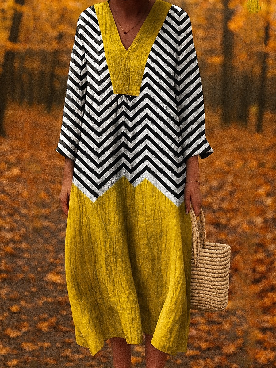 Naisten midi mekko V-kaula-aukko pitkähihaisella kaftaanilla kevyt löysä malli A-linjainen mekko rento boho ulkona löysä malli graafinen geometrinen pitkähiha V-kaula-aukko keltainen punainen syksy 2025 - $35.99 –P3