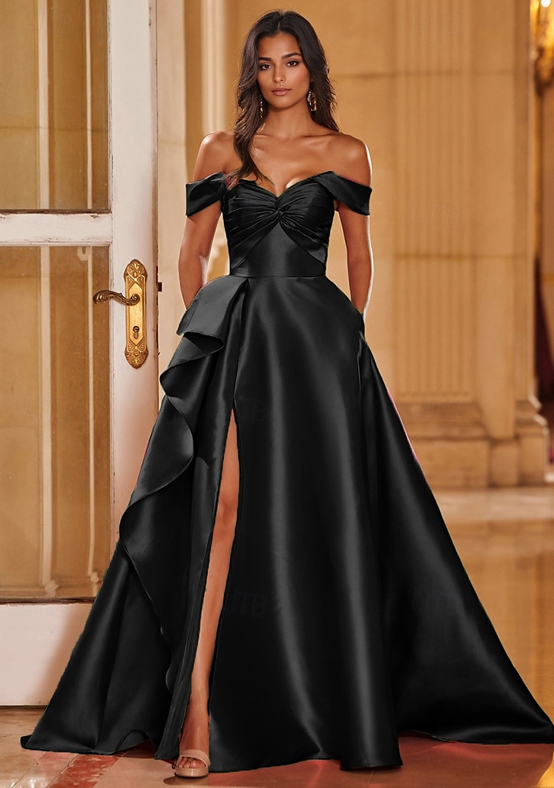 A-Line Court Train Prom Dresses Evening Gown Ball Gown Formal Dress Elegant  Glittering Celebrity Style Sleeveless Sweetheart Garden Party Wedding  Stretch Satin with Ruched Ruffles Slit 2026 - $183.99