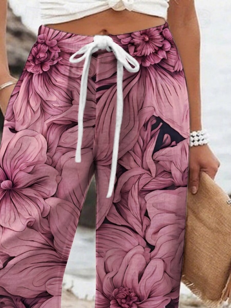 Dam Brett skaft Byxor Semester Ledigt Lång Hög midja Blommig Elastisk midja Tryck Högt snitt Mateial som andas Mjuk Microelastisk Semester Gata Dagliga kläder Fuchsia Vår Höst Normal 2025 - $32.99 –P2