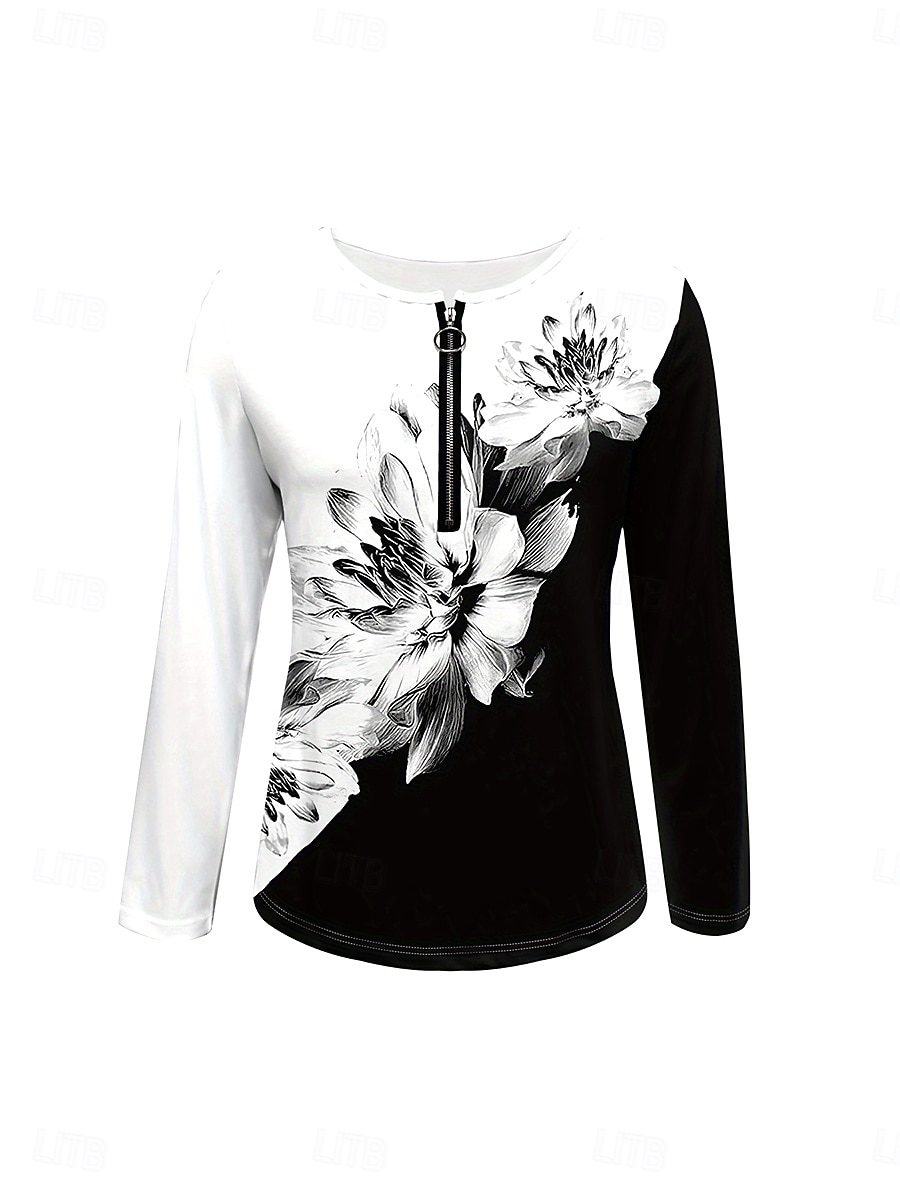 Femmes T-shirt Fleuri Graphique Plantes Élégant ancien Classique manche longue Col rond Encolure en V Hauts Réguliers Quotidien Week-end Fermeture éclair Imprimé Noir et blanc Printemps Automne Hiver de 2025 ? $23.99 –P2