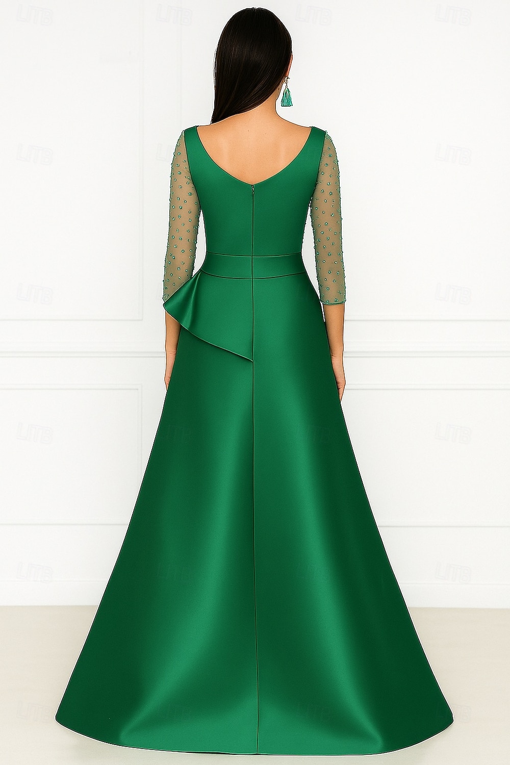 A-Line Floor Length Evening Gown Ball Gown Formal Dress Elegant 3/4 Length Sleeve Illusion Neck Formal Wedding Pink Dress Satin with Beading 2025 - $144.99 –P2