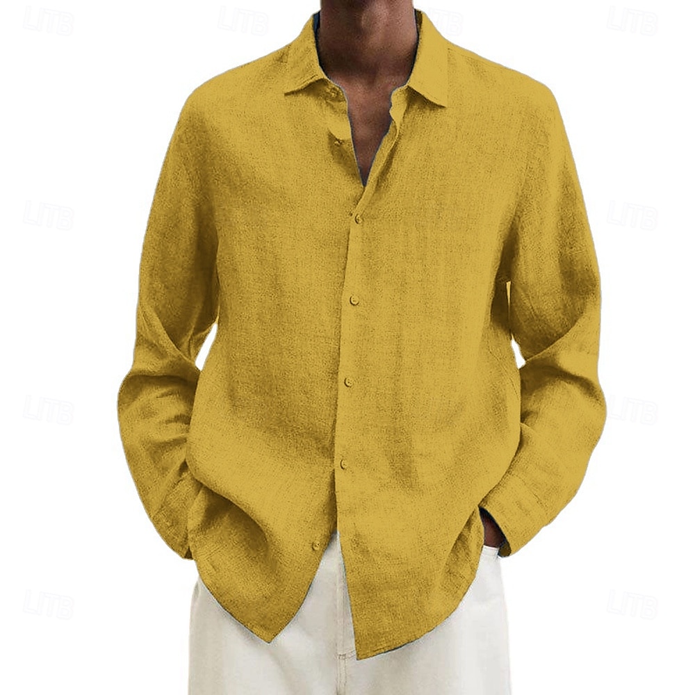 Camicia da uomo in cotone e lino, nera, rosa, blu navy, manica lunga, tinta unita, stile turndown, abbigliamento da vacanza, abbigliamento in poliestere, moda casual del 2025 a $19.49 –P7