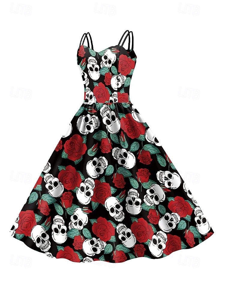 2025年 女性用スカルプリントミニドレス Aラインドレス カジュアル デイリー ホリデー レギュラーフィット スカル ノースリーブ スパゲッティストラップ ブラック ホワイト ワイン サビレッド 夏 春 秋  コレクション – $29.99 –P13