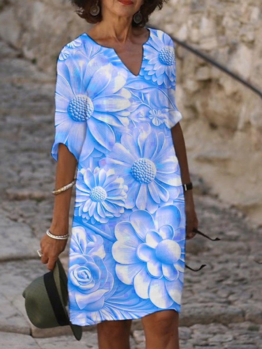 Femmes Robe Midi Robe Décontractée Robe Imprimée Mode Moderne Quotidien Plage Week-end Coupe régulière Fleuri Manche 3/4 Col ras du cou Jaune Bleu Violet Gris Été Printemps Automne de 2025 ? $21.99 –P4
