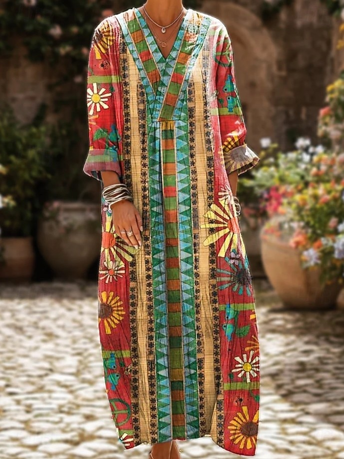 Femmes Robe maxi Robe d'Été Robe trapèze Vacances Occasionnel Boho Soirée Fête Plage Coupe Ample Fleuri Graphique Géométrique manche longue Col en V Jaune Rouge Fuchsia Orange Été Printemps Automne de 2025 ? $35.99 –P1