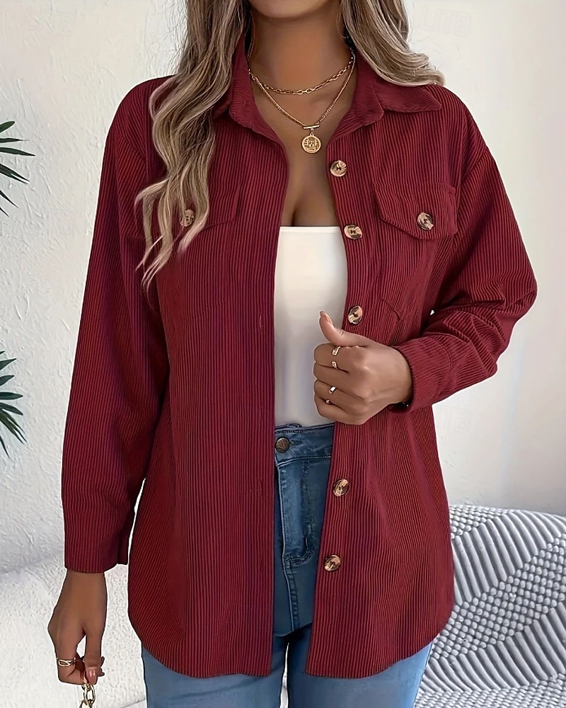 Damen Hemd Textur Bluse Bluse Einfach Modern Lässig Langarm Hemdkragen Normale Oberteile Täglich Ausgehen Tasche Knöpfe Schwarz Wein Khaki Herbst 2025 - $23.99 –P2
