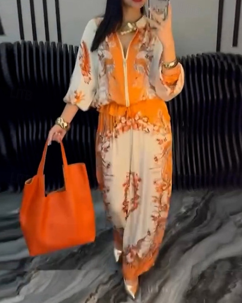 2025年 女性用 活発的 ファッション ブラウス パンツセット 長袖 スタンド フラワー ドローストリング プリント アウトドア お出かけ ブルー オレンジ グリーン 秋 レギュラー  コレクション – $39.99 –P10