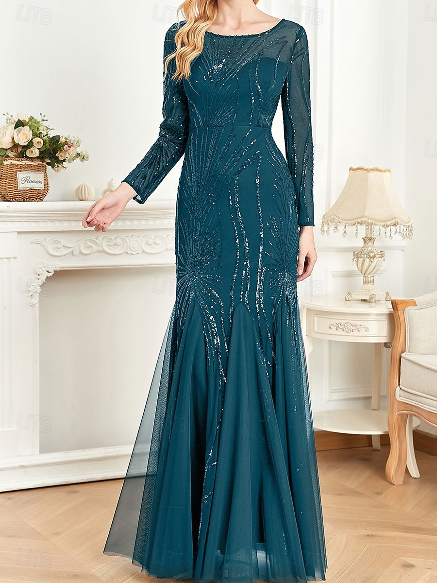 Dress Mother of the Bride Dress Elegant Party Crew Neck Floor Length Cotton Blend Long Sleeve with Sequin 2025 - $104.99 –P5
