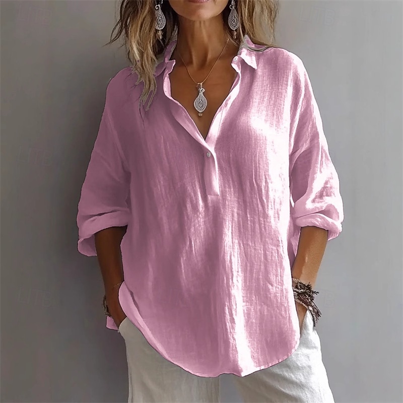 Per donna Camicia Camicia di lino Semplice Elegante Moderno Manica Lunga Colletto a Camicia Top Regolari Quotidiano Ferie Bottoni Bianco Rosa Viola Verde Primavera Autunno del 2025 a $21.99 –P3