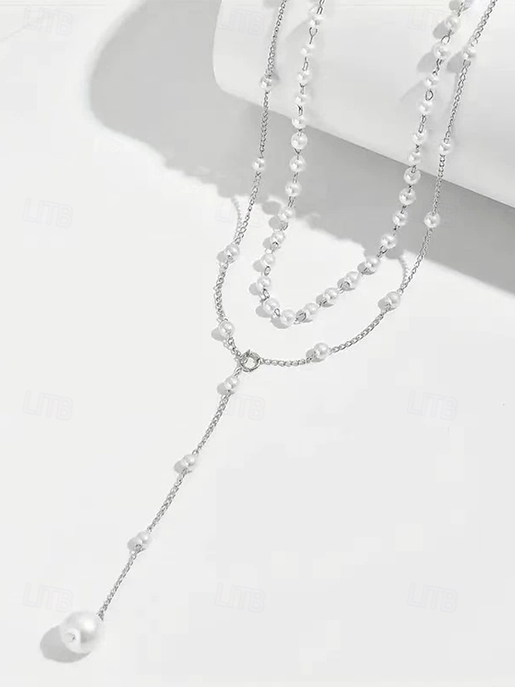 Collar con colgante de perlas en capas para mujer: elegante cadena de aleación en tono dorado con detalles de perlas de imitación para eventos formales, bodas y fiestas nocturnas. 2026 - $11.99 –P10
