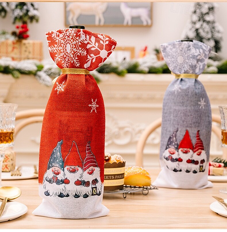 2 ks vánočních krytů na lahve vína s trpaslíky, sáčky na lahve vína s motivem sněhové vločky s motivem Rudolfa a lesního bezu, sváteční obaly na lahve vína 2025 - $6.49 –P2