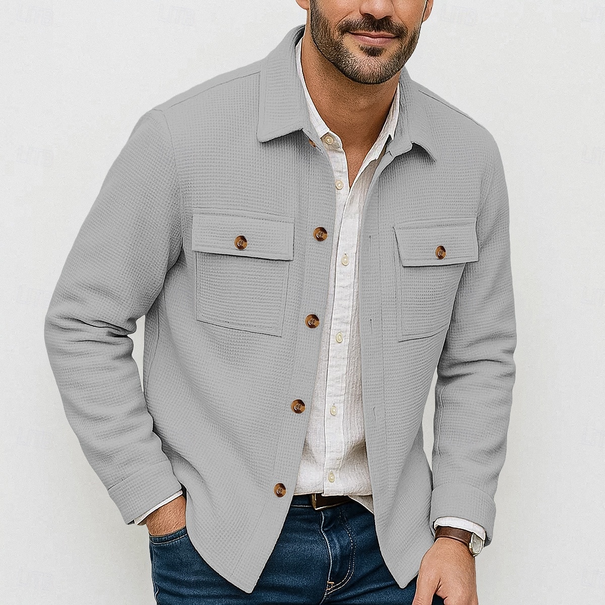 Herren Leichte Jacke Waffeljacke Hemdjacke Freizeitjacke Urlaub Lässig Atmungsaktiv Tasche Button-Down Frühling Herbst Einfach Mode Klassisch Revers Regulär Schwarz Weiß Wein Dunkelgrün Khaki Jacken 2025 - $26.99 –P4