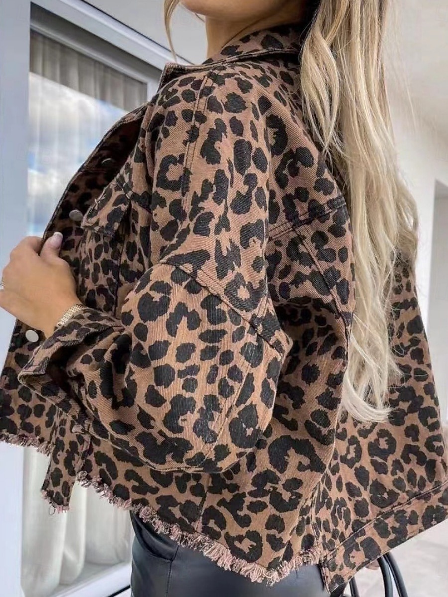 Dame Uformell jakke Bekvem Pustende Knapper Trykt mønster Fritid Leopard Feriereise Gate Avslappet Dagligdagstøy Enkeltkneppet Kort Høy krage Normal Langermet Yttertøy Leopard Sommer Vår 2025 - $39.99 –P2