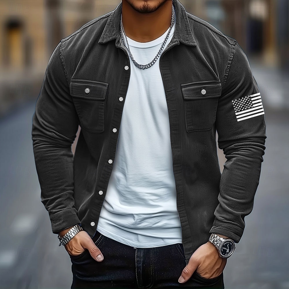 Pánské Americká americká vlajka Kordurová košile Košile bunda Overshirt Dlouhý rukáv Na běžné nošení Venkovní Na den Podzim Zima Přehnutý Tlačítko dolů Teplé Bunda s klopovými kapsami Vodní modr 2025 - $29.99 –P5