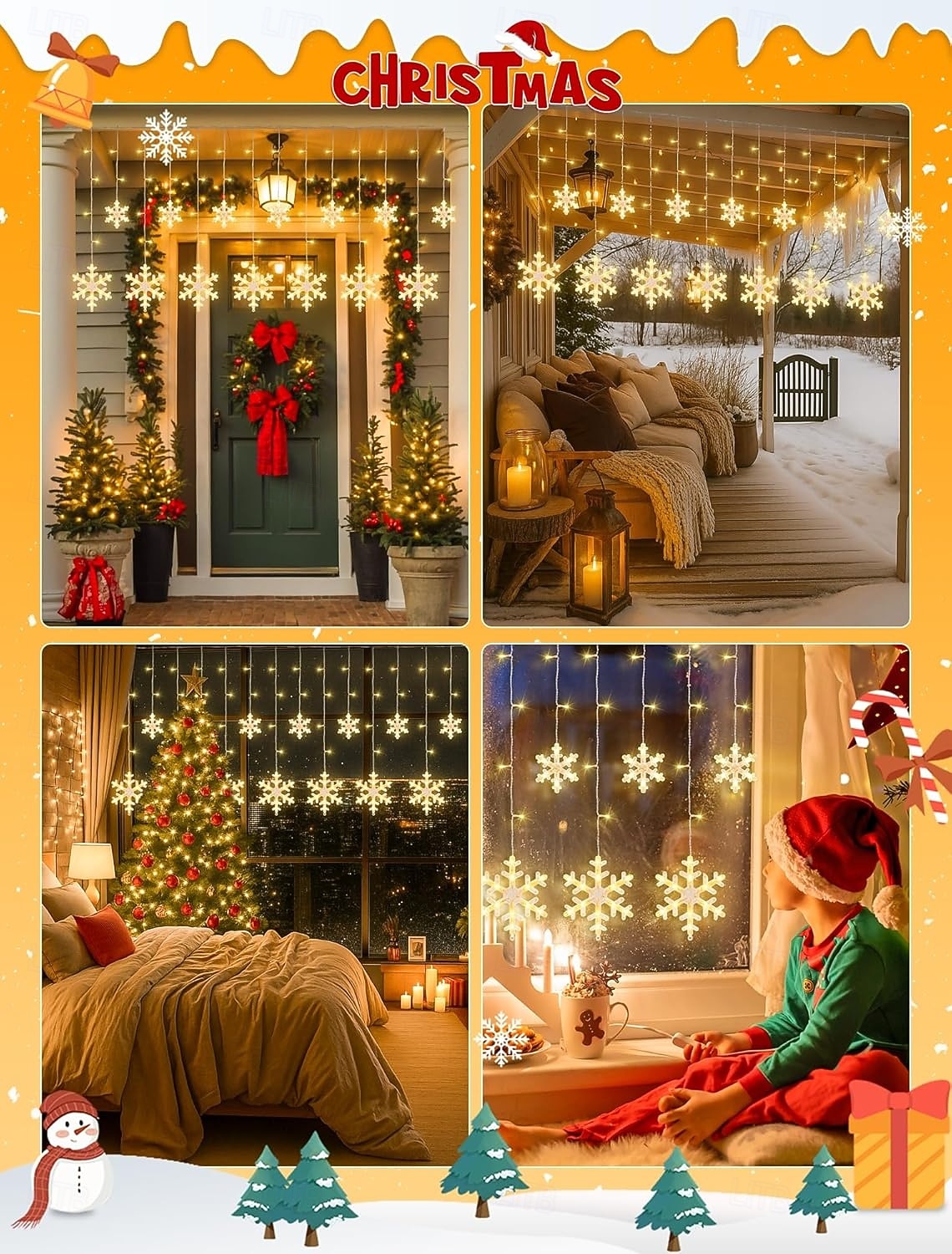 12 fot/3,5 m snøfnugg gardin nattlys usb-drevet 8 moduser istapp fe string lys til jul bryllup ferie hage innendørs utendørs fest dekorasjon 2025 - $13.49 –P4
