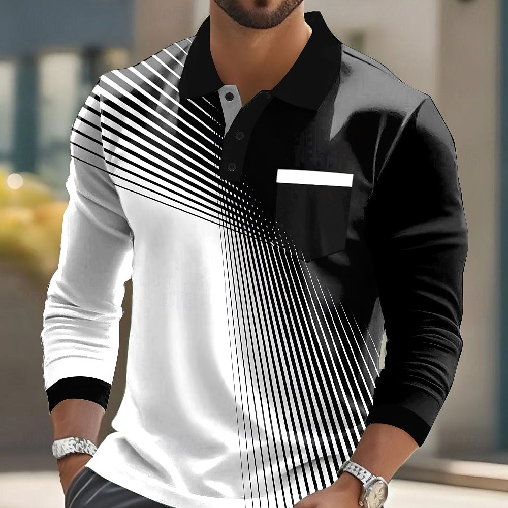 Herr Geometrisk Polo Långärmad Polotröjor Kavajslag Ledigt Business Casual Fritids- Dagliga kläder Ficka 3D-utskrift Knappar Vår Höst Svart Rubinrött Blå 2025 - $21.99 –P1