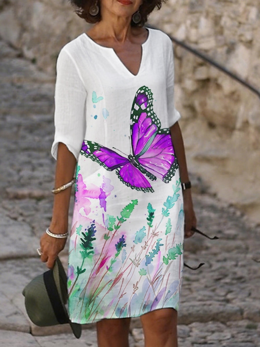 Femmes Robe Midi Robe Décontractée Robe Imprimée Mode Moderne Quotidien Plage Week-end Coupe régulière Fleuri Papillon Manche 3/4 Col ras du cou Jaune Bleu Violet Orange Été Printemps Automne de 2025 ? $21.99 –P1