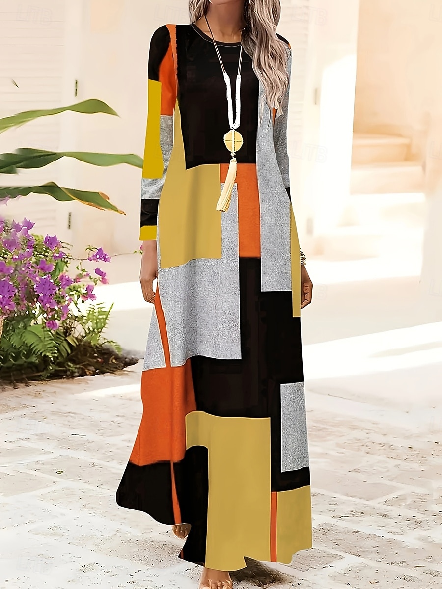 Pentru femei Rochie Maxi Rochie A line Rochie de vară Vacanță Casual Zilnic Fit regulat Grafic Geometric Abstract Manșon Lung Stil Nautic Galben Albastru piscină Primăvară Toamnă Iarnă 2025 - $36.99 –P5