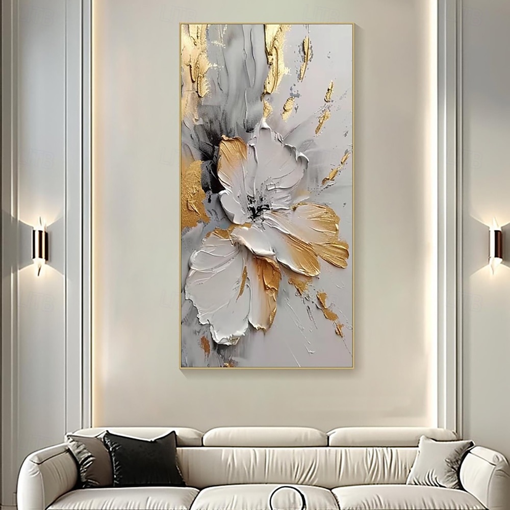 Pintura a óleo de flores douradas sobre tela, arte de parede feita à mão, pintura floral branca abstrata, decoração de sala de estar, decoração de casa, pintura enrolada, sem moldura, sem esticar de 2025 por €37.65 –P4