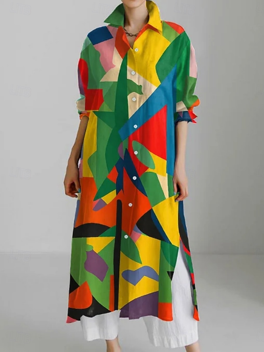 Per donna Abito Lungo Maxi Abito Abito Camicia Vestito Casual Moda Moderno Quotidiano Ferie Weekend Vestibilità regolare Grafico Animale Manica 3/4 Colletto a Camicia Bianco Giallo Verde Cachi Estate del 2025 a $41.99 –P5