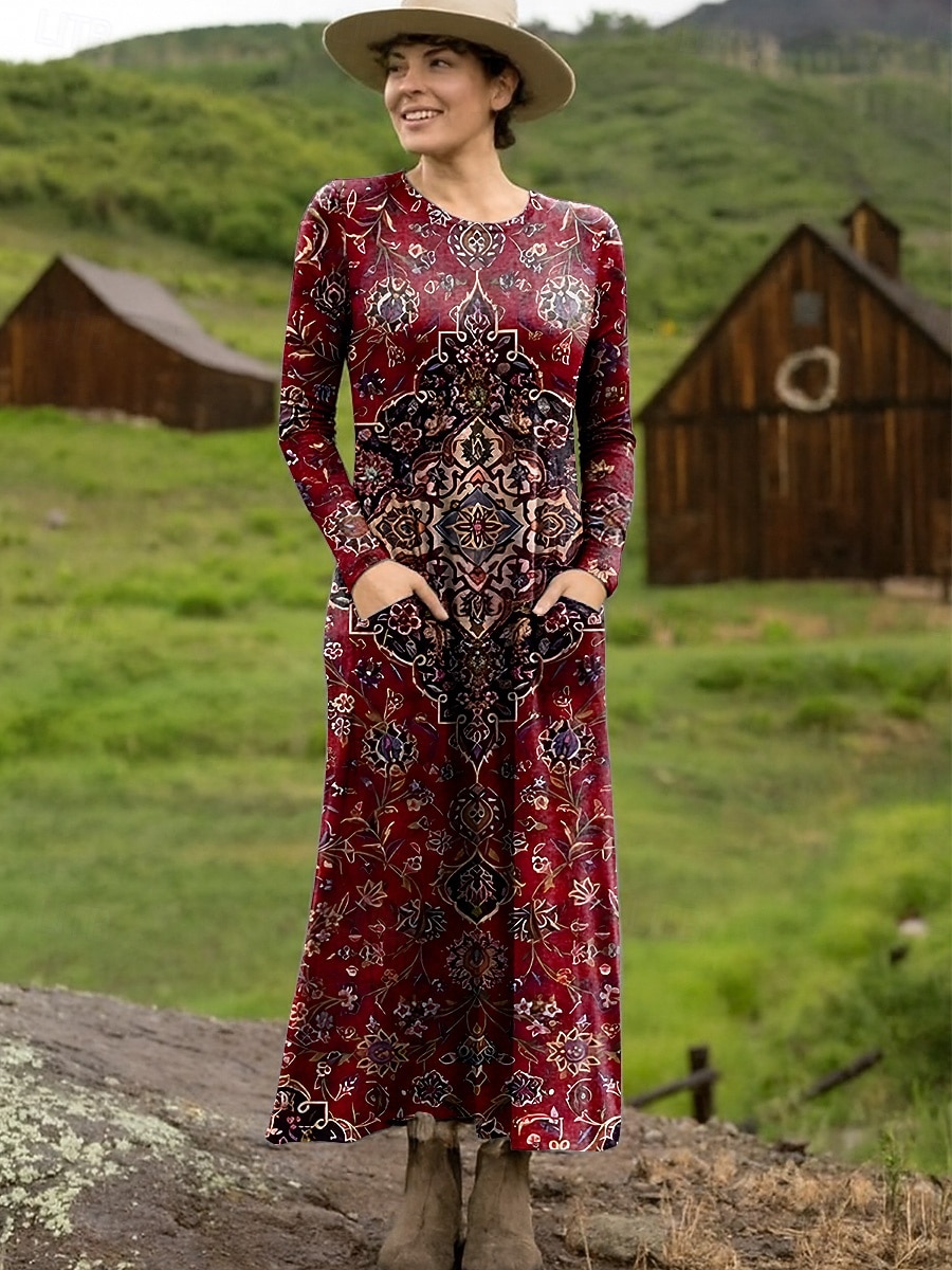 Damen Maxikleid Etui-Kleid T-Shirt-Kleid Urlaub Lässig Boho Ferien Date Normale Passform Grafik Geometrisch Stammes Langarm Rundhalsausschnitt Schwarz Gelb Rote Leicht Braun Frühling Herbst 2025 - $31.99 –P5