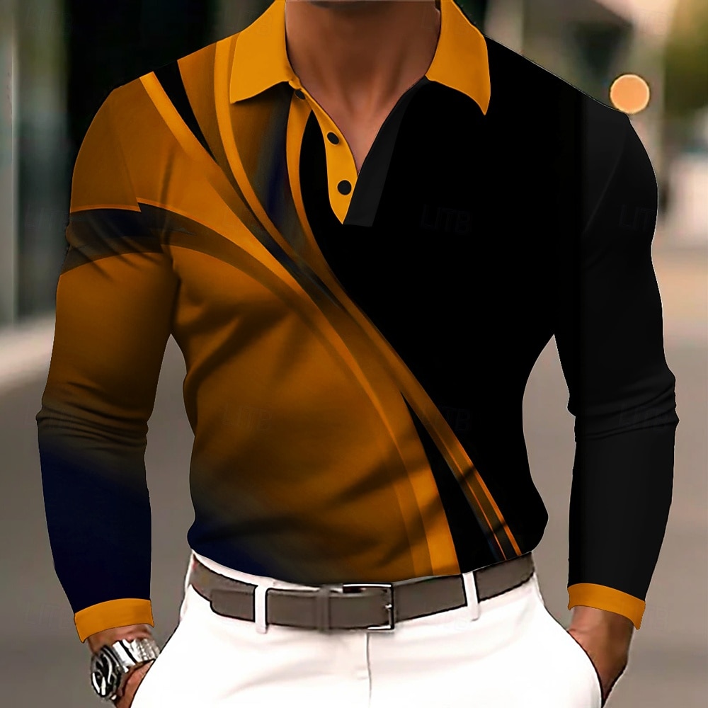 Homens Geométrico Linha Pólo Manga Longa Camisas polo Lapela Business casual Roupa Esportiva Roupa Diária Impressão 3D Botões Primavera Outono Inverno Azul Roxo Laranja de 2026 por $21.99 –P2