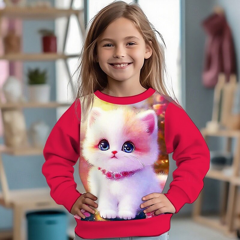 Flickor 3D Katt Tröja Långärmad Vår Höst Mode Grundläggande Barn 4-12 år Rund hals Utomhus Ledigt Dagligen Normal 2025 - $17.49 –P2