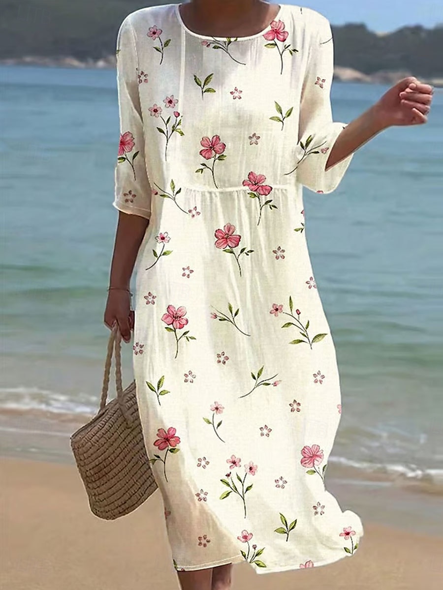 Damen Maxi Kleid Kaftan 3/4 Länge Ärmel Rundhalsausschnitt Lässiges Kleid A-Linie Kleid Boho Reguläre Passform Grafisch Geometrisch Abstrakt Gelb Pink Blau Orange Frühling Herbst 2025 - $41.99 –P5