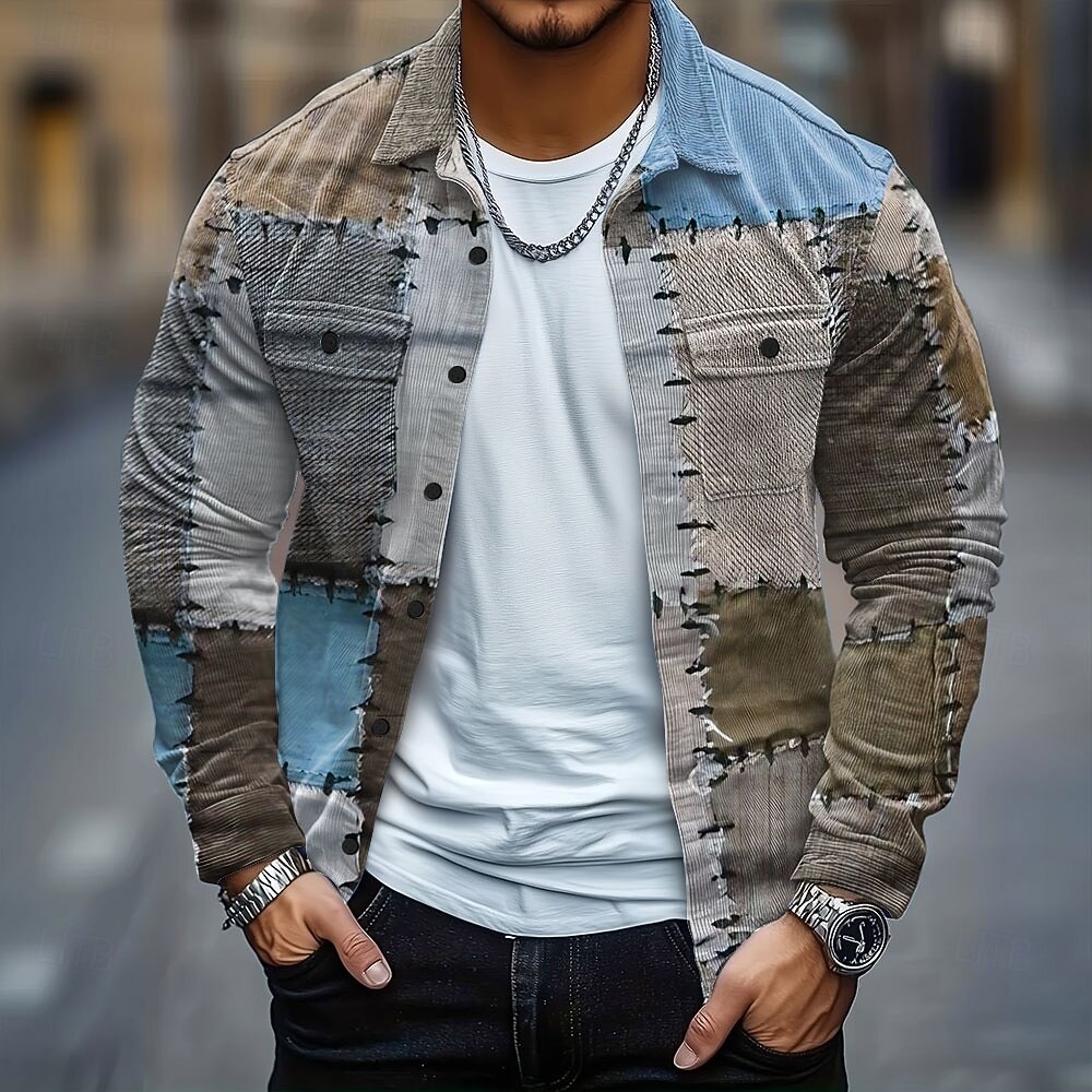 Pánské Barevné bloky Slátanina Jako džínovina Kordurová košile Košile bunda Overshirt Dlouhý rukáv Vintage Retro Venkovní Na den Podzim Zima Přehnutý Tlačítko dolů Teplé Bunda s klopovými kapsami 2025 - $29.99 –P3