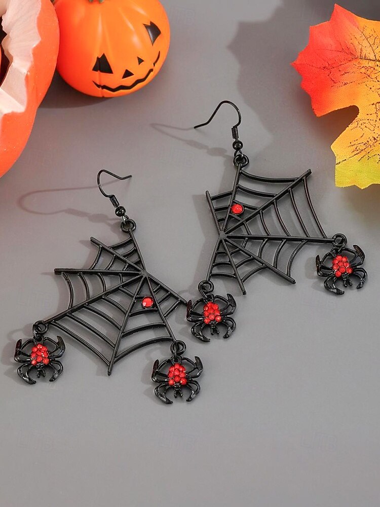 Dámský halloweenský gotický náhrdelník a náušnice s pavučinou, černočervené krystalové šperky s hmyzem na kostýmní večírky a cosplay 2025 - $11.99 –P8