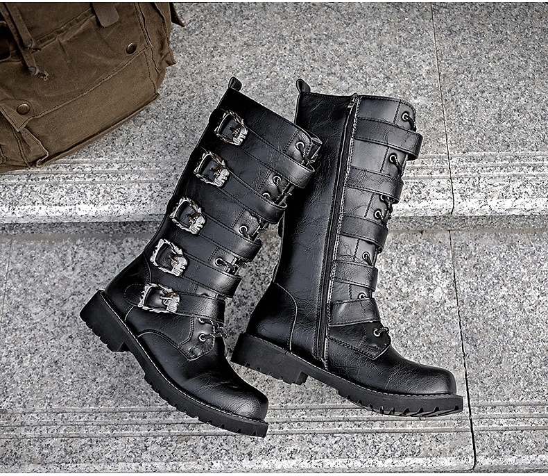 Botas masculinas de cano alto com tiras de fivelas múltiplas e design de cadarço - calçado de combate estilo punk gótico para uso casual urbano e moda de rua de 2025 por $59.99 –P5