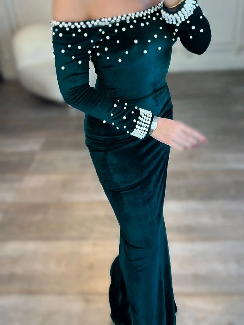 abito da sera elegante in velluto elasticizzato con cravatta nera, a sirena/tromba, con perle, formale, da sposa, strascico a ruota, manica lunga, spalle scoperte, 2025 del 2025 a $145.99 –P4
