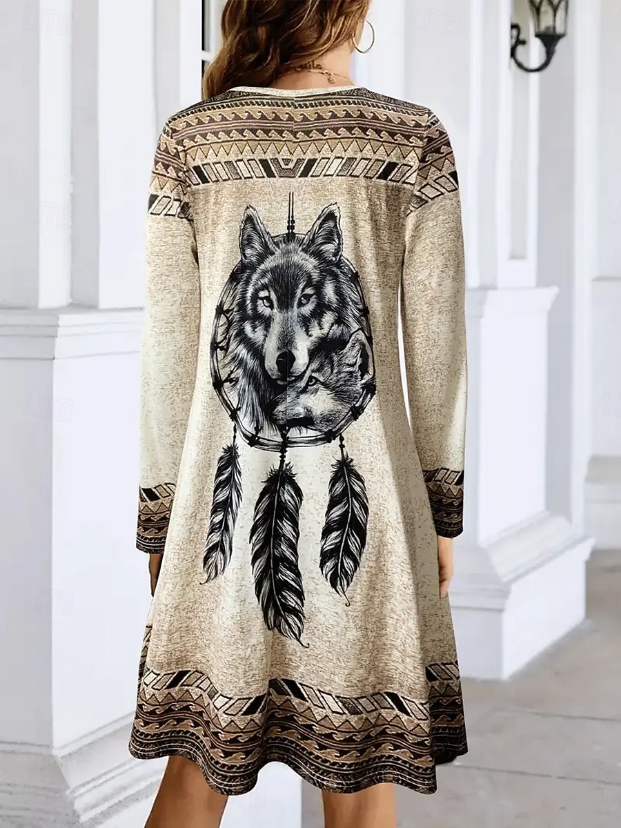 Damen Minikleid T-Shirt-Kleid Sommerkleid A Linie Kleid Lässig Täglich Ausgehen Normale Passform Grafik Stammes Langarm Rundhalsausschnitt Kamel Herbst Winter 2025 - $23.99 –P2