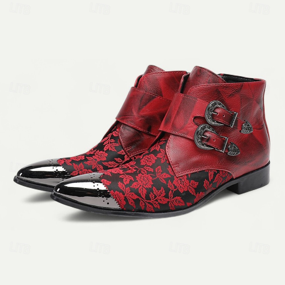 férfi piros jacquard dupla pántos szerzetespántos csizma – gótikus barokk stílusú bőr csizma cosplayhez, jelmezbálokhoz és éjszakai élethez 2025 - $149.99 –P1