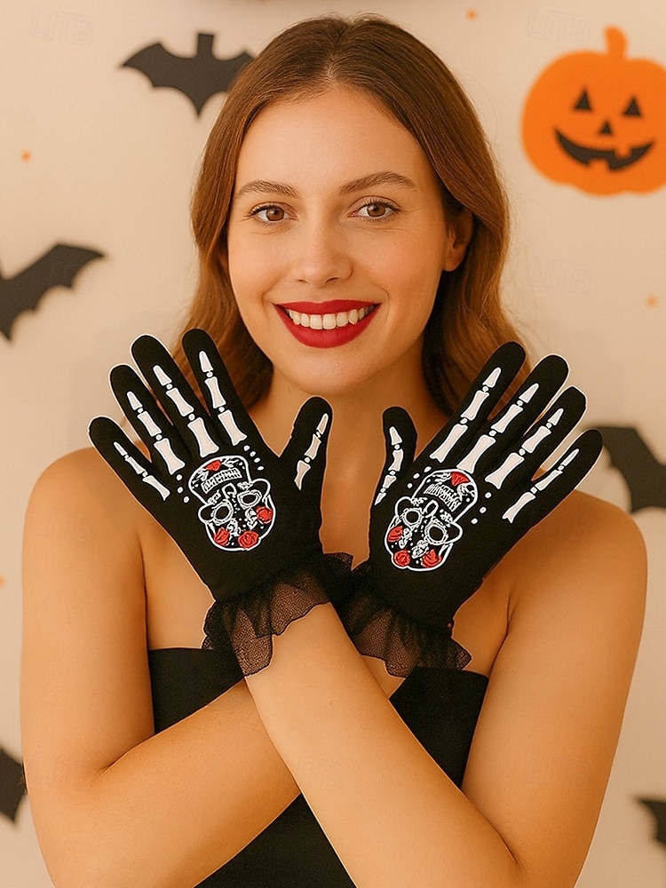 Damen-Halloween-Skeletthandschuhe – schwarze Spitzenmanschette mit Zuckerschädel-Aufdruck, Kostümzubehör für Party, Cosplay und Nachtleben 2026 - $7.99 –P2