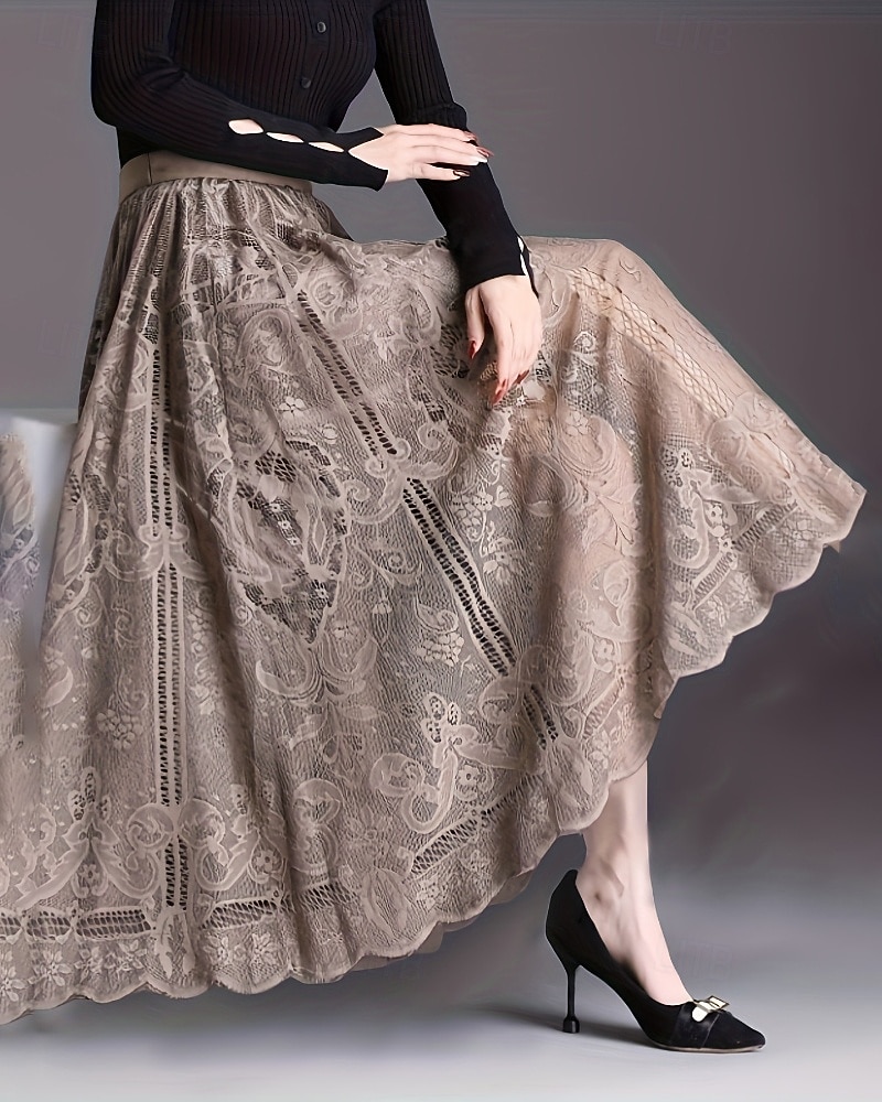 Dámské Sukně Houpačka Módní Maxi Střední vzestup Sukně Bez vzoru Krajka Slátanina Lehce elastické Dovolená ulice Khaki Podzim Polyester 2025 - $18.99 –P1