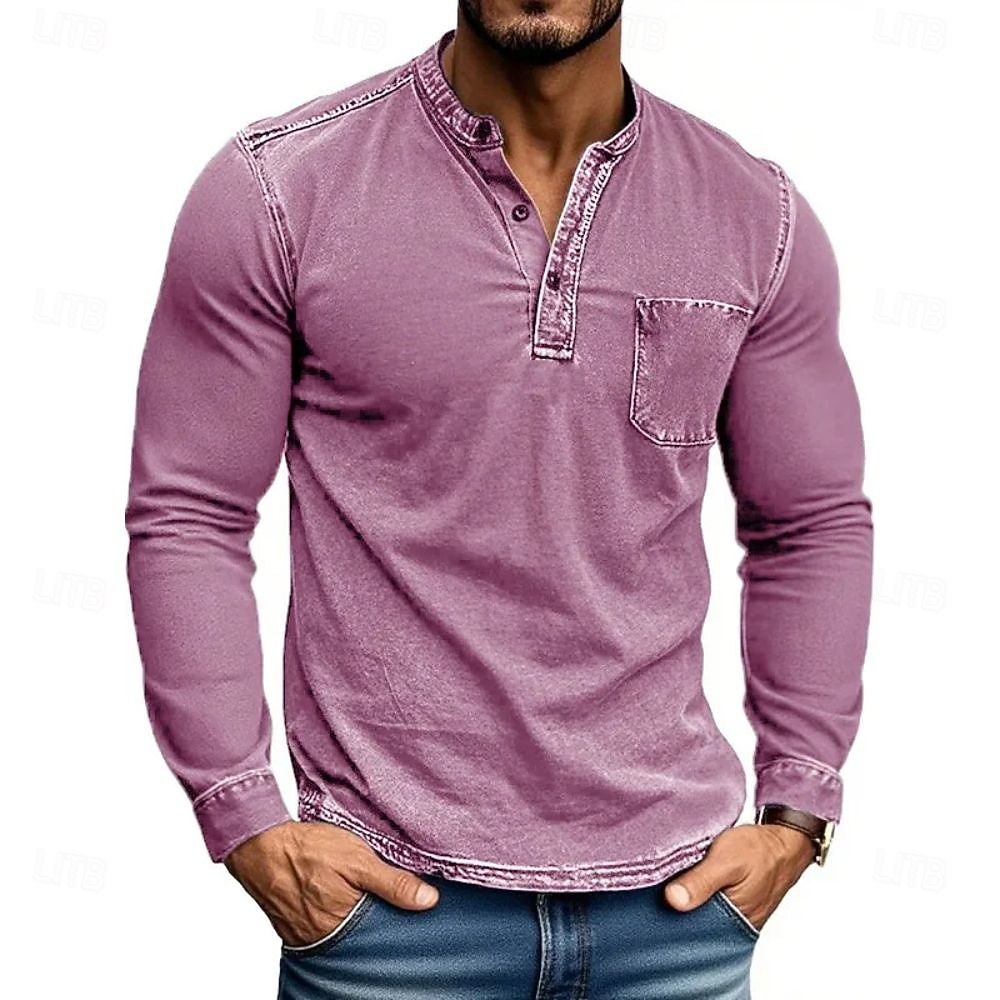 Herren Henley Hemd T-Shirt Langarmshirt Langarm Henley Herbst Winter Retro Mode Designer Nostalgisch Mode Jahrgang Urlaub Straße Ausgehen Schwarz Rosa Marineblau Top T-Shirt für Herren 2025 - $26.99 –P6