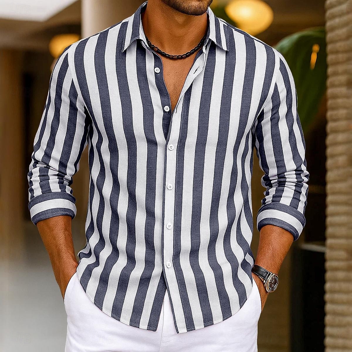 Per uomo Camicia Camicia di lino Camicia Estiva Camicia da Spiaggia Camicia in cotone e lino Camicie a righe A righe Vacanza Casuale Giallo Rosa Blu Verde Manica Lunga Collo ripiegato Estate Primavera del 2025 a $20.99 –P9