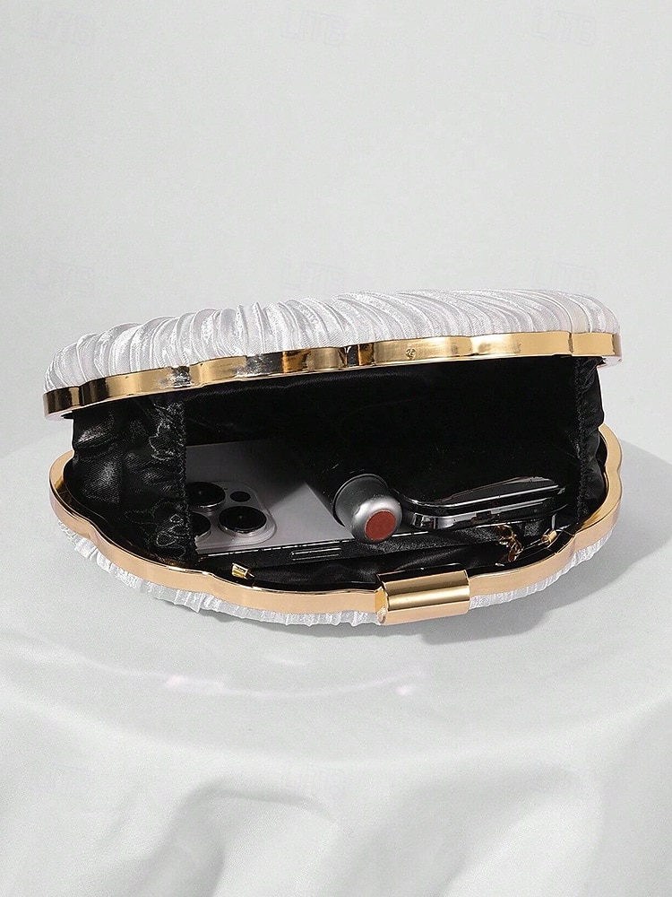 pochette da sera in raso plissettato a conchiglia da donna, color champagne metallizzato con montatura e catena dorate: glamour vintage per matrimoni, cocktail party, balli di fine anno e serate fuori del 2026 a $24.99 –P11