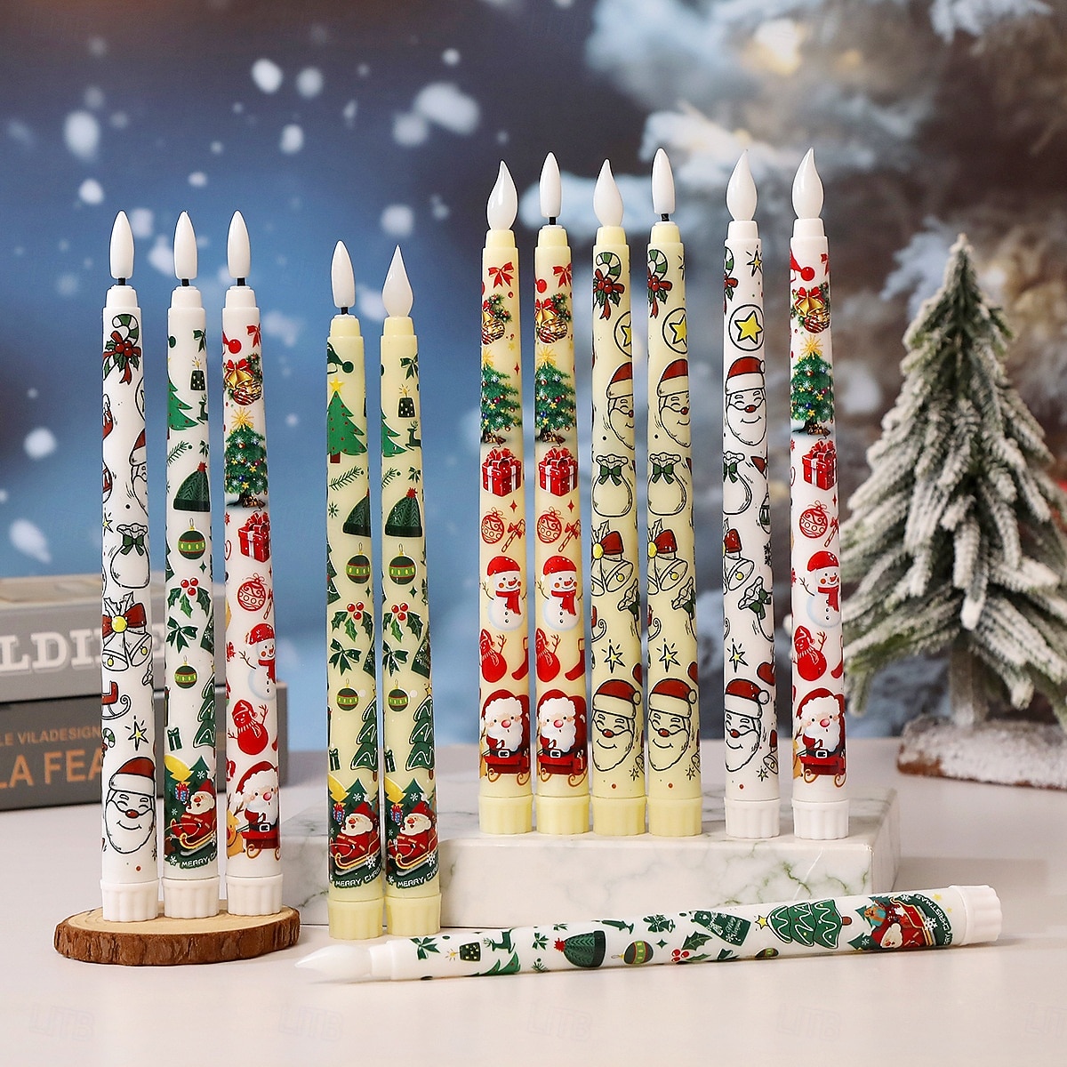 Flammenlose Stabkerzen mit weihnachtlichem Farbmuster, batteriebetrieben mit Fernbedienung und Timer, flackernde LED-Stabkerzen mit 3D-Docht, Weihnachtsmann, Schneemann, Weihnachtsbaum-Aufkleber, 2025 - $17.99 –P6